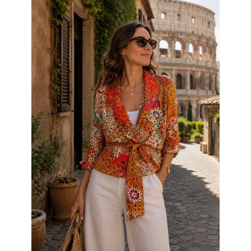 Mishca Wrap Blouse Women Size S Multicolor Patchwork Floral Tie Waist Top